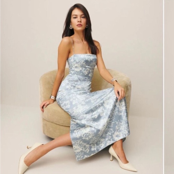 Reformation Frankie Silk Formal Dress Spaghetti Strap Porcelain Blue Floral 10 P - Picture 15 of 16